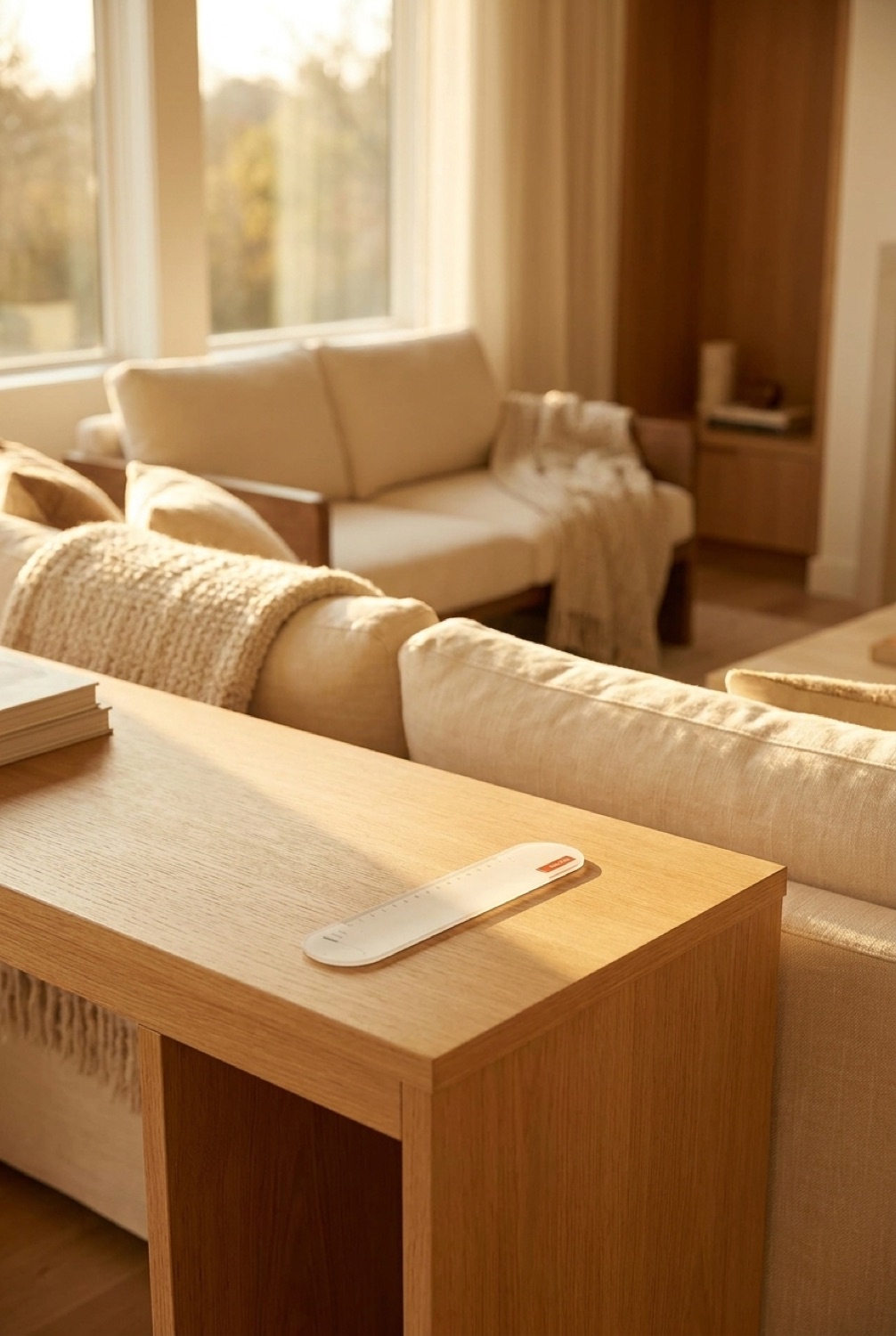 wristband memo on a clean modern console in soft golden-hour light